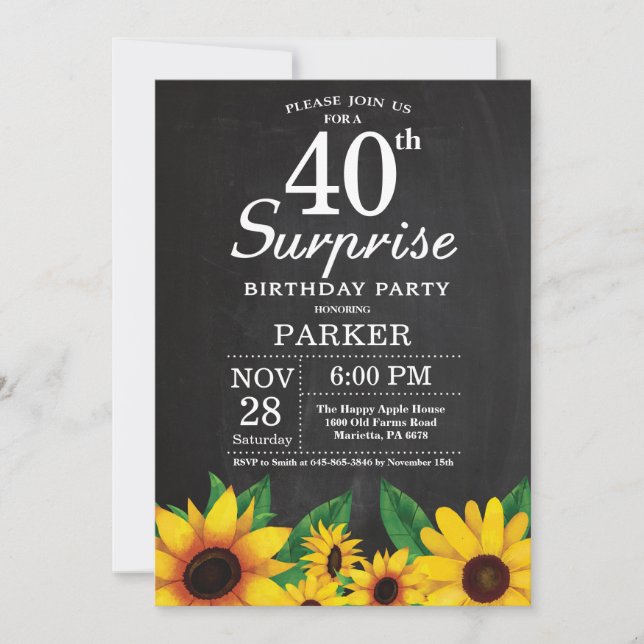 Sunflower Surprise 40th Birthday Invitation (Front)