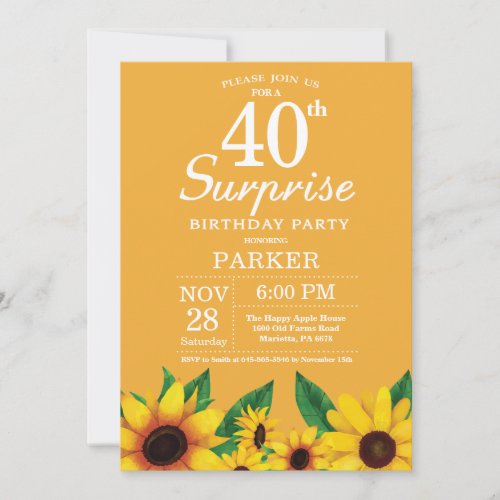 Sunflower Surprise 40th Birthday Invitation