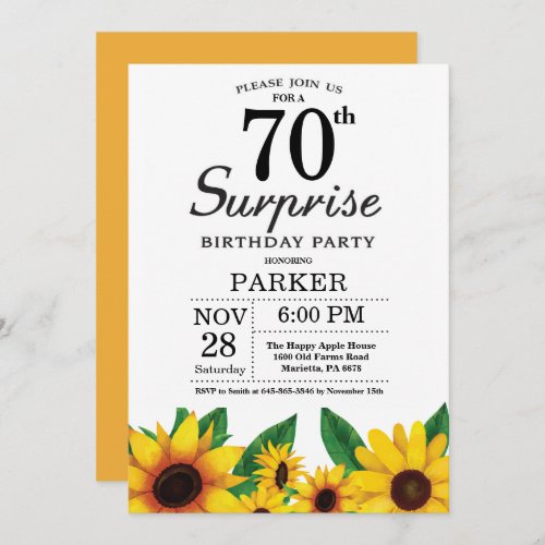 Sunflower Surprise 70th Birthday Invitation