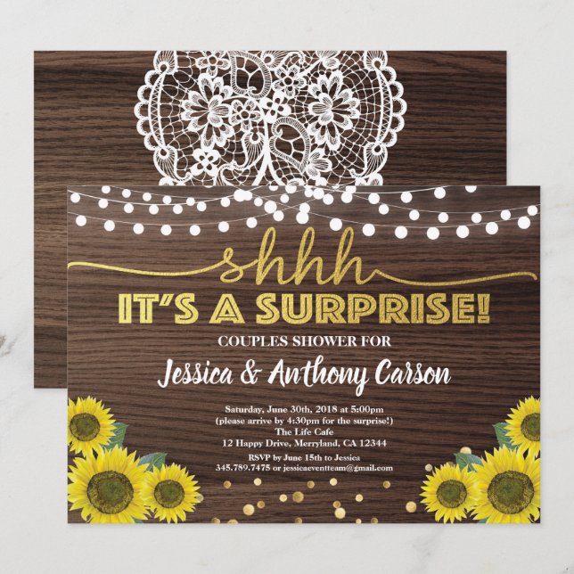 Sunflower surprise couples shower rustic wood gold invitation (Front/Back)
