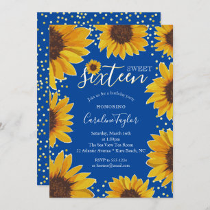 Sunflower Sweet 16 Birthday Navy Blue & Gold Invitation