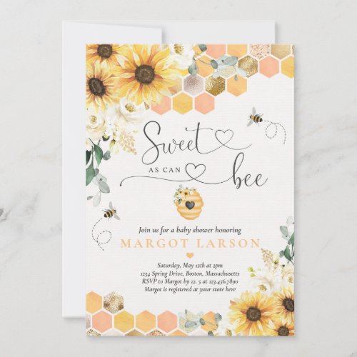 Sunflower Sweet As Can Bee Baby Shower  Invitation