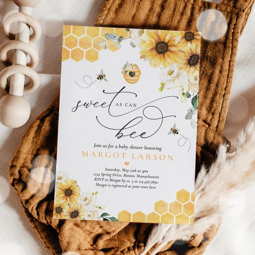 Sunflower Sweet As Can Bee Baby Shower  Invitation