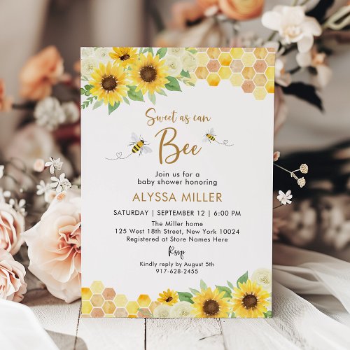 Sunflower Sweet As Can Bee Baby Shower Invitation