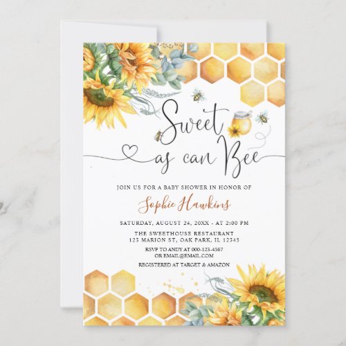 Sunflower Sweet As Can Bee Mommy to Be Baby Shower Invitation