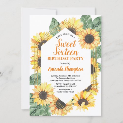 Sunflower Sweet Sixteen Birthday Party Invitation