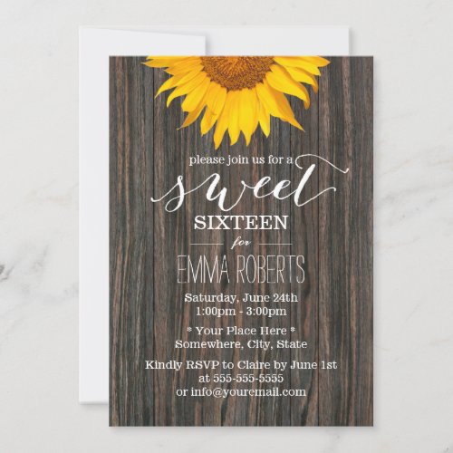 Sunflower Sweet Sixteen Rustic Wood Invitation