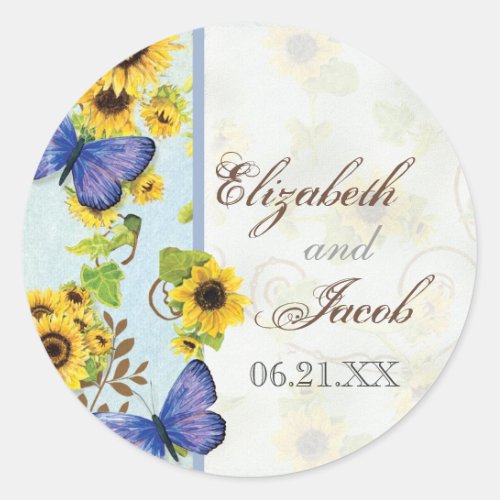 Sunflower Swirl Floral Frame Blue Butterfly Invite Classic Round Sticker