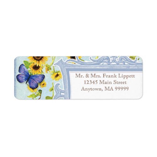 Sunflower Swirl Floral Frame Blue Butterfly Invite Label