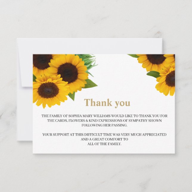 Sunflower Sympathy Funeral Thank You Note (Front)
