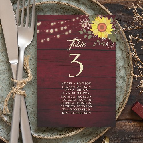 Sunflower Table Number Seating Chart