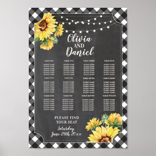Sunflower Table Wedding Seating 12 Black White Poster