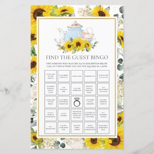 Sunflower Tea Party Bridal Find the Guest Bingo 