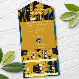 Sunflower Teal Blue Gold Modern Wedding All In One Invitation