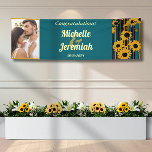 Sunflower Teal Blue Gold Modern Wedding Banner