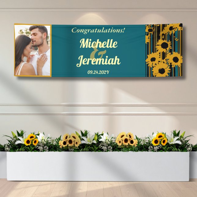 Sunflower Teal Blue Gold Modern Wedding Banner (Creator Uploaded)