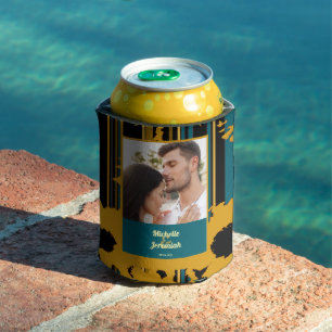 Sunflower Teal Blue Gold Modern Wedding Can Cooler