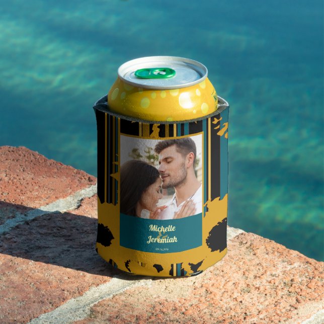 Sunflower Teal Blue Gold Modern Wedding Can Cooler (In Situ Pool)