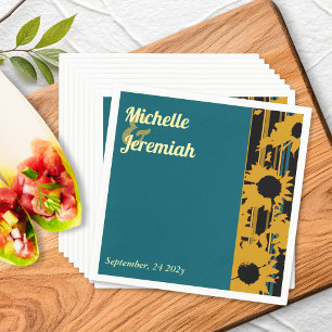 Sunflower Teal Blue Gold Modern Wedding Cocktail Napkins