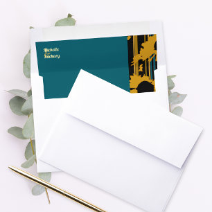 Sunflower Teal Blue Gold Modern Wedding Custom Envelope Liner