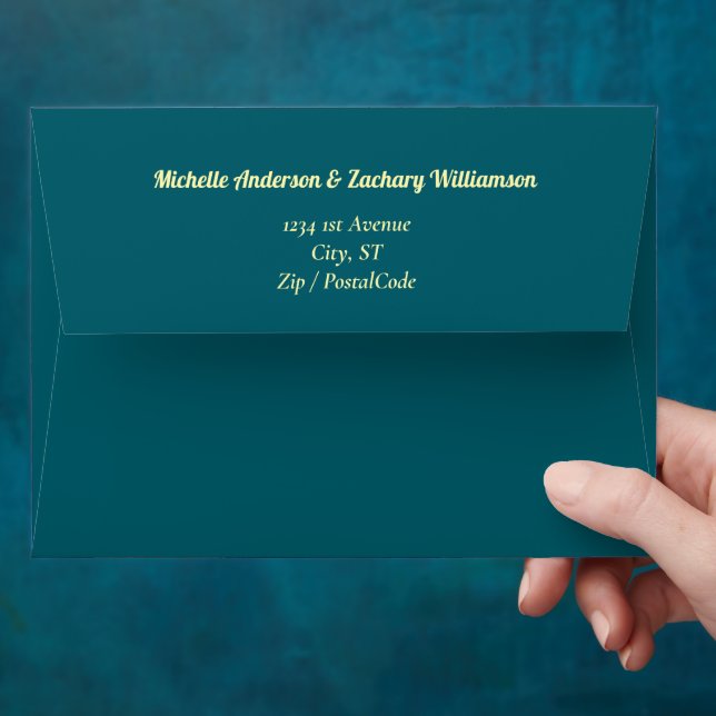 Sunflower Teal Blue Gold Modern Wedding Envelope (Hand)