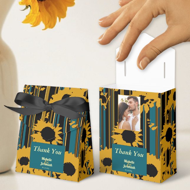 Sunflower Teal Blue Gold Modern Wedding Favor Boxes (Creator Uploaded)