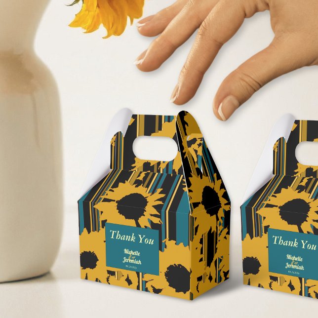 Sunflower Teal Blue Gold Modern Wedding Favor Boxes (Creator Uploaded)