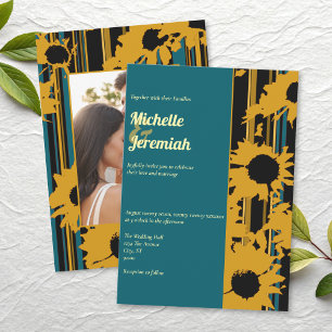 Sunflower Teal Blue Gold Modern Wedding Invitation