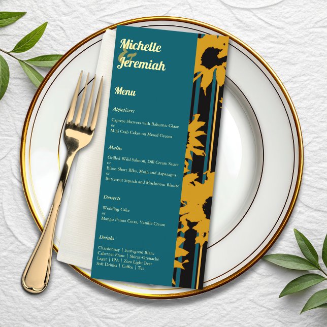 Sunflower Teal Blue Gold Modern Wedding Menu (Creator Uploaded)