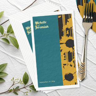 Sunflower Teal Blue Gold Modern Wedding Paper Guest Towels