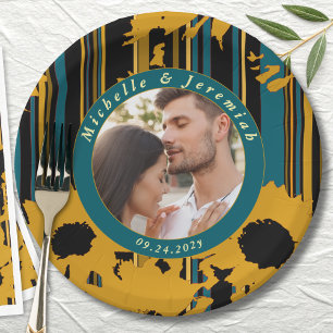 Sunflower Teal Blue Gold Modern Wedding Paper Plates