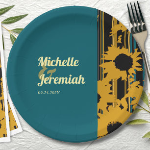 Sunflower Teal Blue Gold Modern Wedding Paper Plates