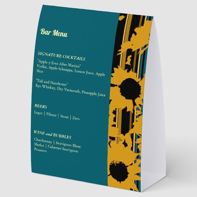 Sunflower Teal Blue Gold Modern Wedding Paper Table Tent (Back)