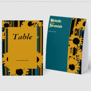 Sunflower Teal Blue Gold Modern Wedding Paper Table Tent