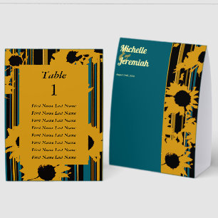 Sunflower Teal Blue Gold Modern Wedding Paper Table Tent
