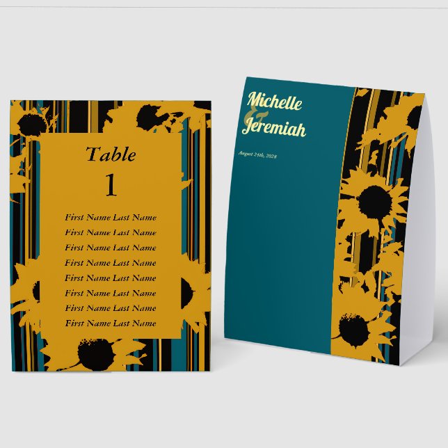 Sunflower Teal Blue Gold Modern Wedding Paper Table Tent (Front/Back)