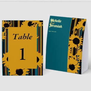 Sunflower Teal Blue Gold Modern Wedding Paper Table Tent
