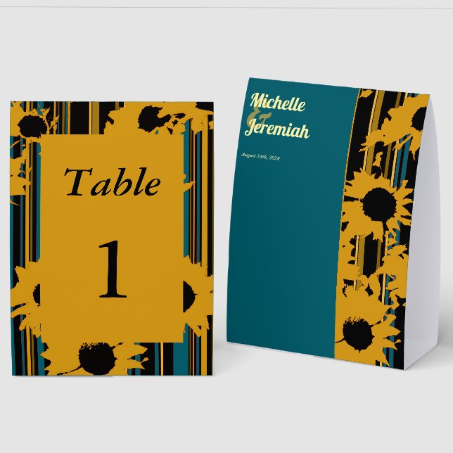Sunflower Teal Blue Gold Modern Wedding Paper Table Tent (Front/Back)