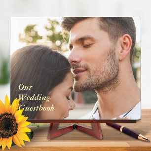 Sunflower Teal Blue Gold Modern Wedding Photo Guest Book
