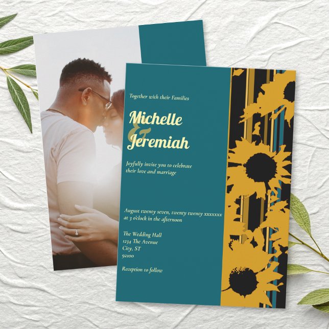 Sunflower Teal Blue Gold Modern Wedding Photo Invitation (Creator Uploaded)