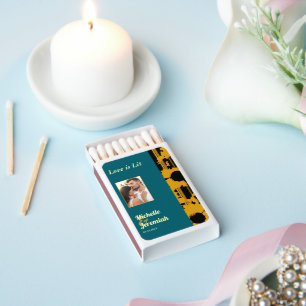 Sunflower Teal Blue Gold Modern Wedding Photo Matchboxes