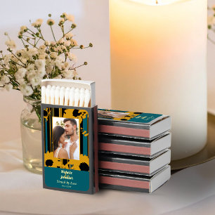 Sunflower Teal Blue Gold Modern Wedding Photo Matchboxes