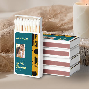 Sunflower Teal Blue Gold Modern Wedding Photo Matchboxes