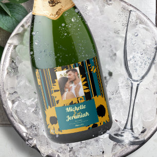Sunflower Teal Blue Gold Modern Wedding Photo Sparkling Wine Label