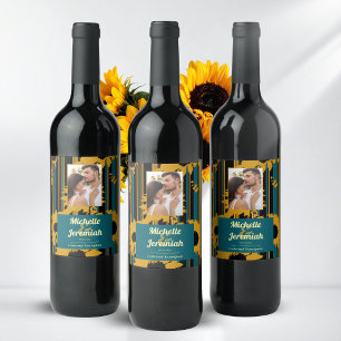 Sunflower Teal Blue Gold Modern Wedding Photo Wine Label