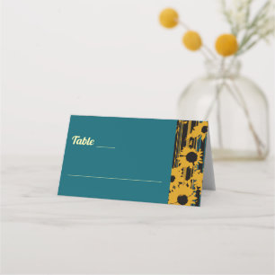 Sunflower Teal Blue Gold Modern Wedding Place Card