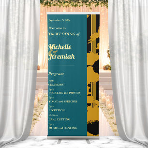 Sunflower Teal Blue Gold Modern Wedding Program Retractable Banner