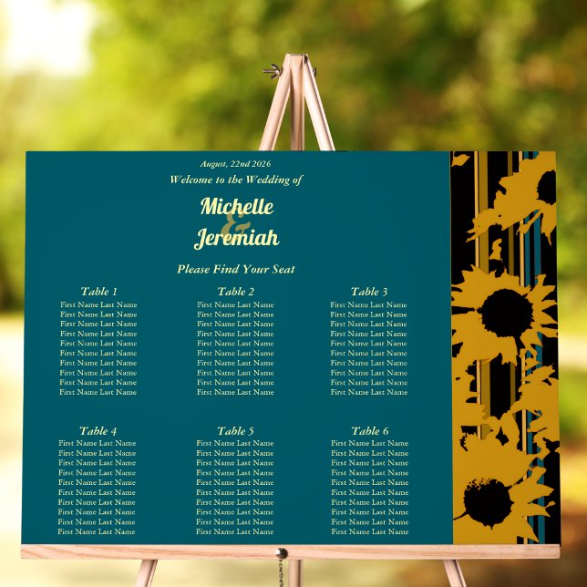 Sunflower Teal Blue Gold Modern Wedding Seat Chart (Creator Uploaded)