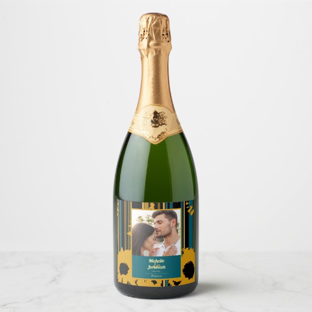 Sunflower Teal Blue Gold Modern Wedding Sparkling Wine Label (Front)