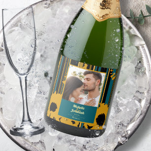 Sunflower Teal Blue Gold Modern Wedding Sparkling Wine Label